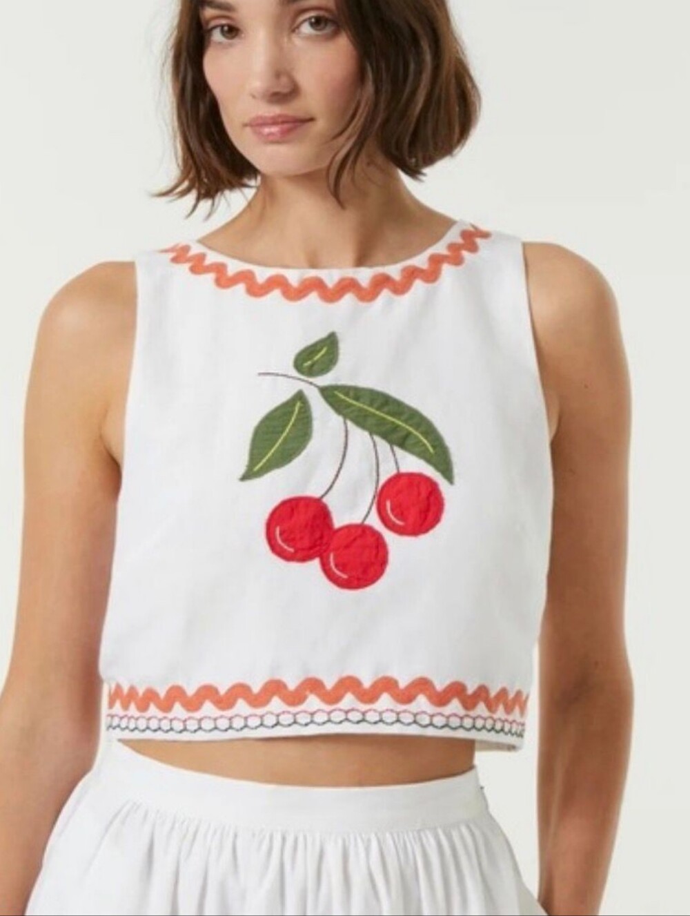 RHODE White Cherry Embroidered Crop Top with Orange Trim